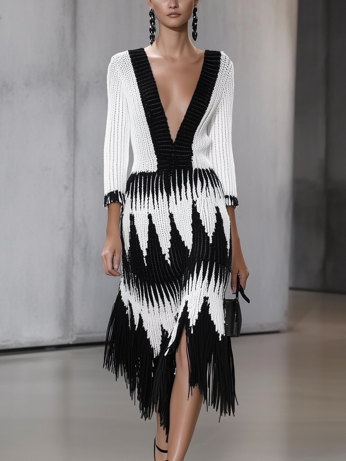 Black And White Knit Bold Contrast Deep V-Neck Three Quarter Sleeve Midi Dress