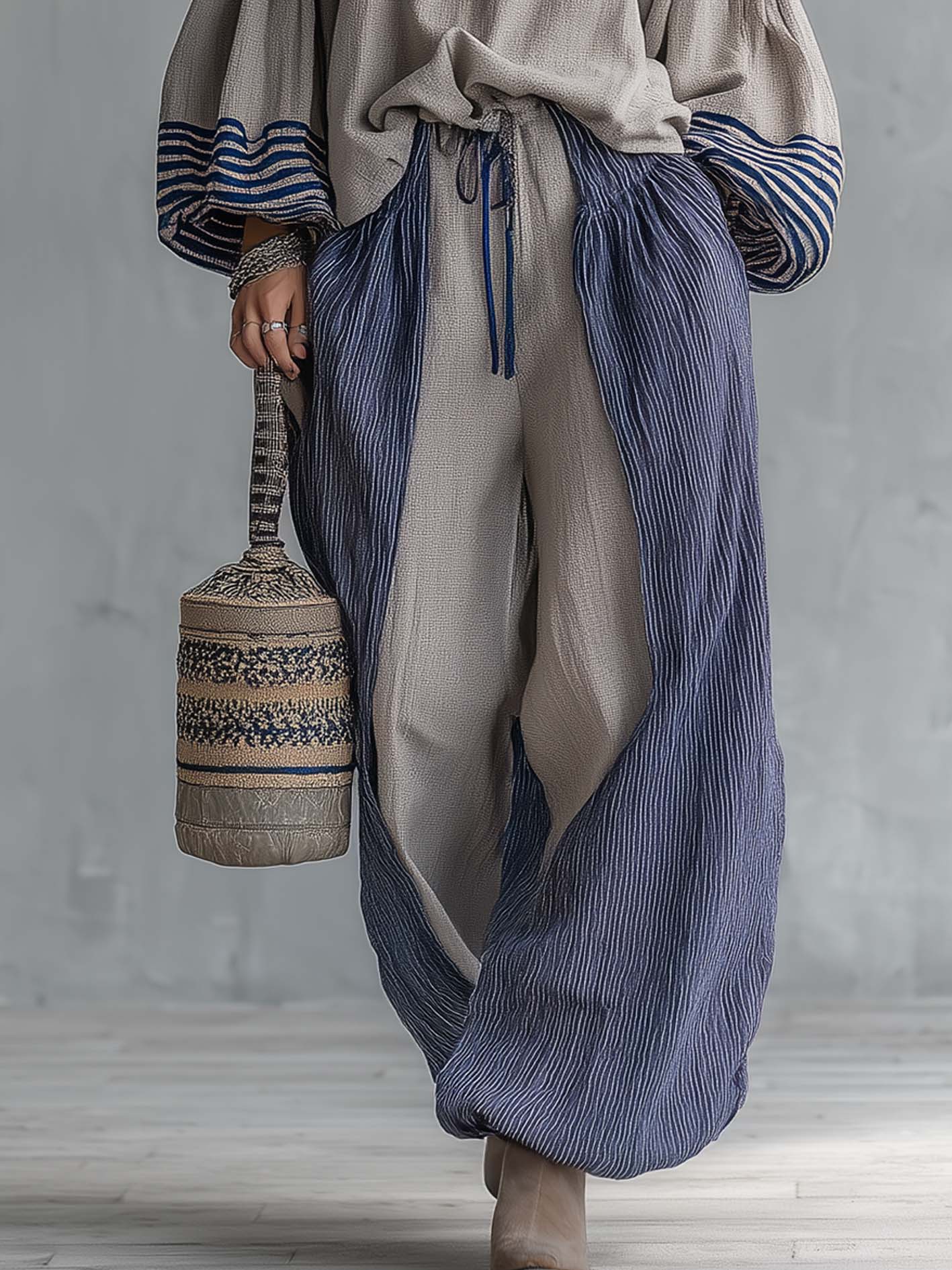Gray Off Shoulder Top And Wide Leg Pants Set With Blue Striped