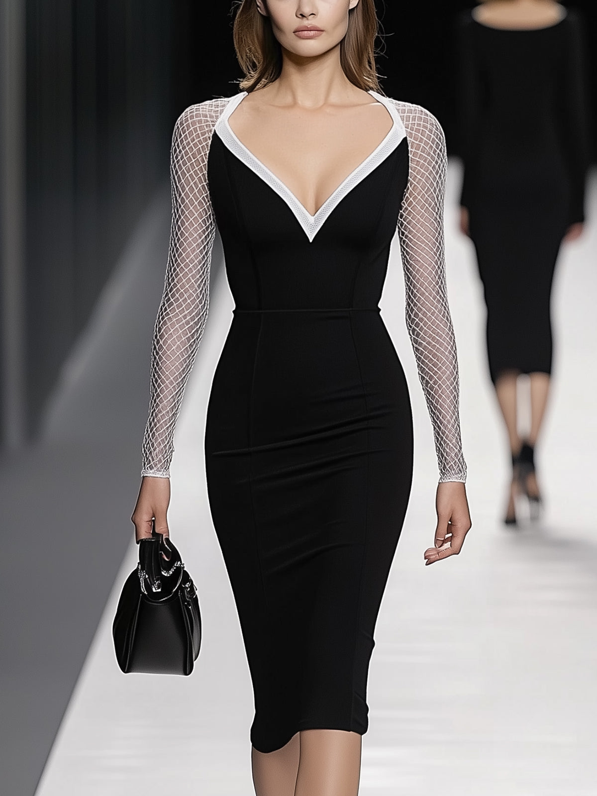 Black Midi Dress With Sheer Mesh Sleeves And V-Neckline Trim
