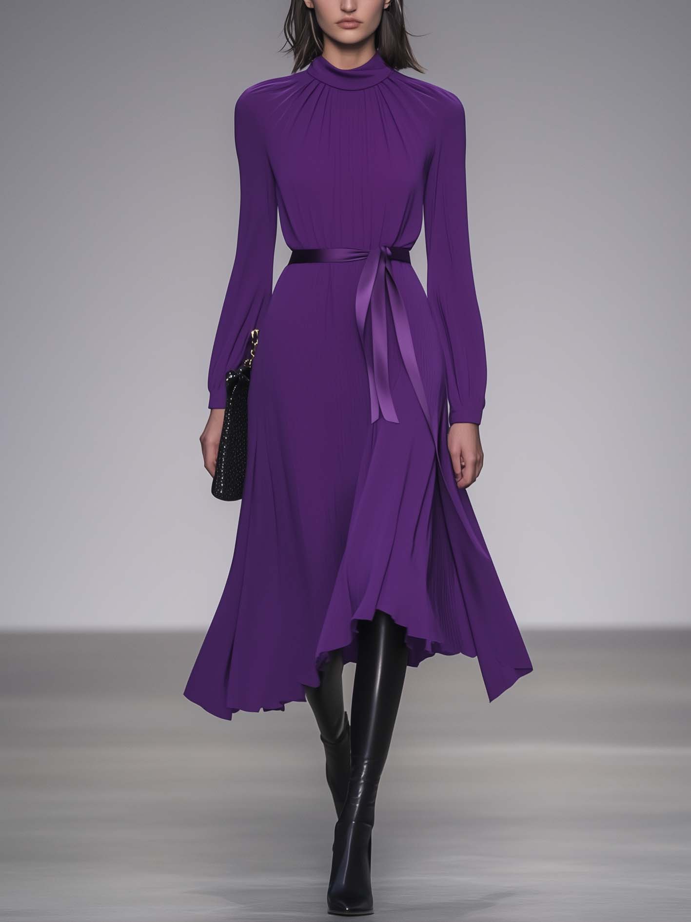 Round Neck Long Sleeve Purple Midi Dress With Belt