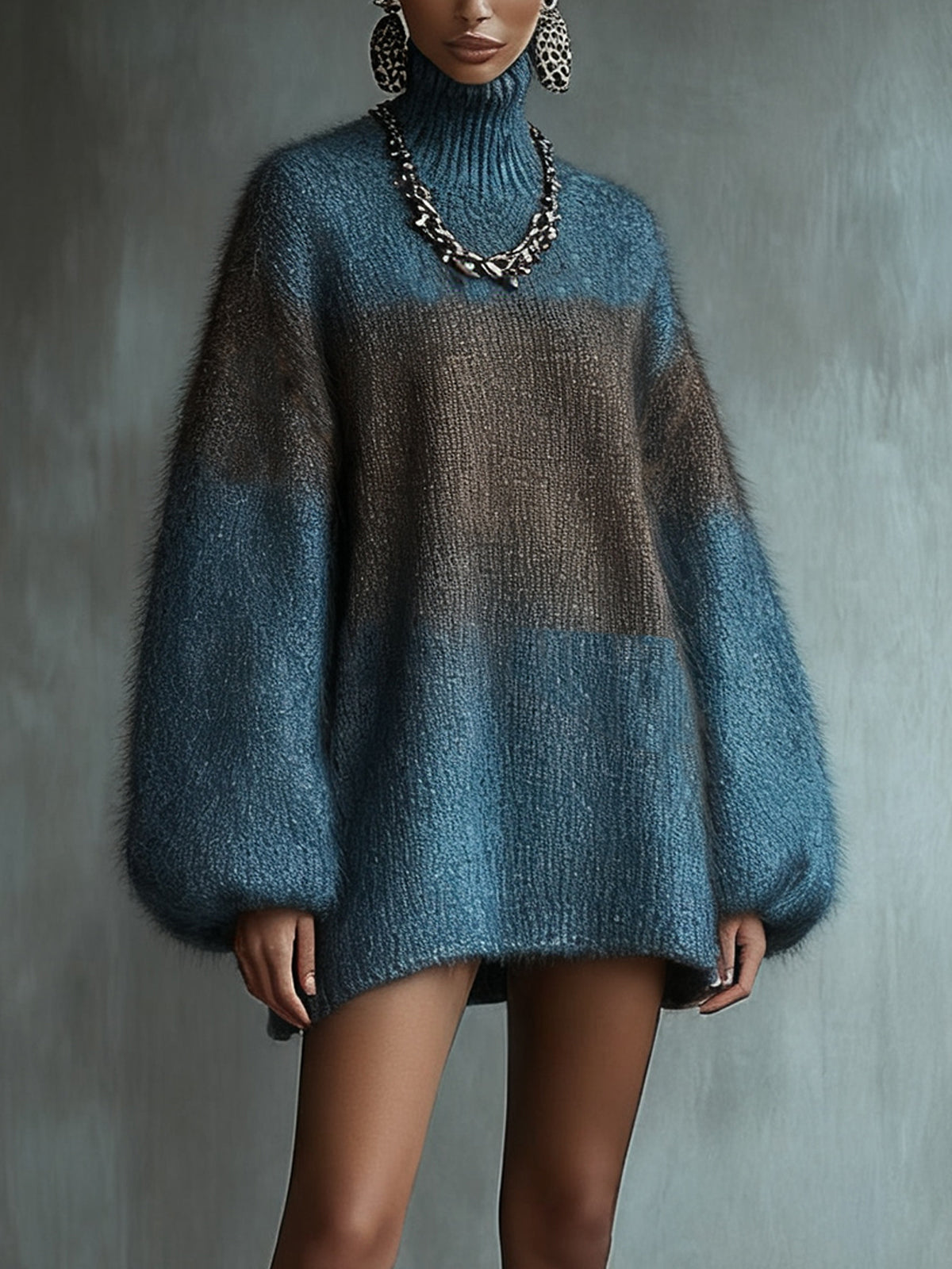 Blue Ombre Knit Turtleneck Dress With Balloon Sleeves