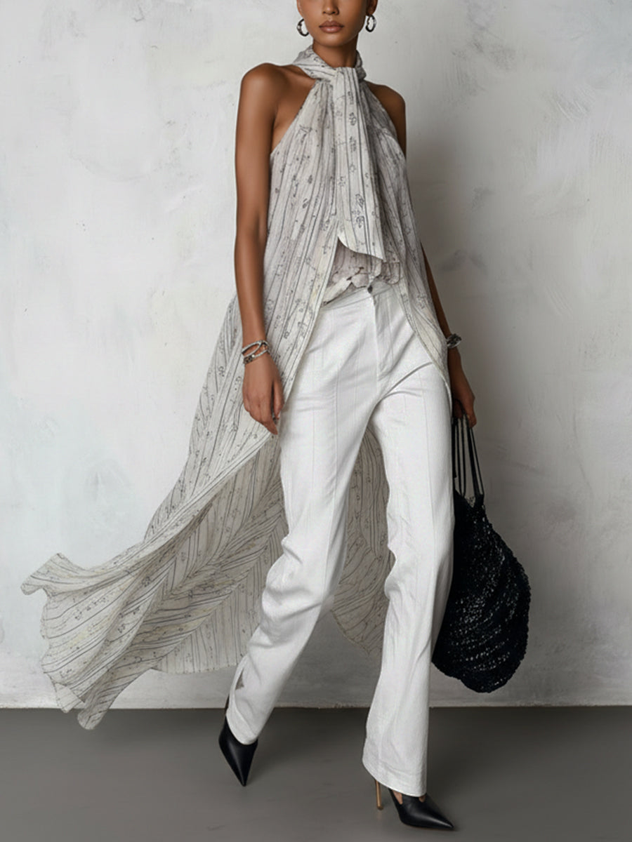 Oatmeal Chiffon Sleeveless Longline Tie Waist Blouse