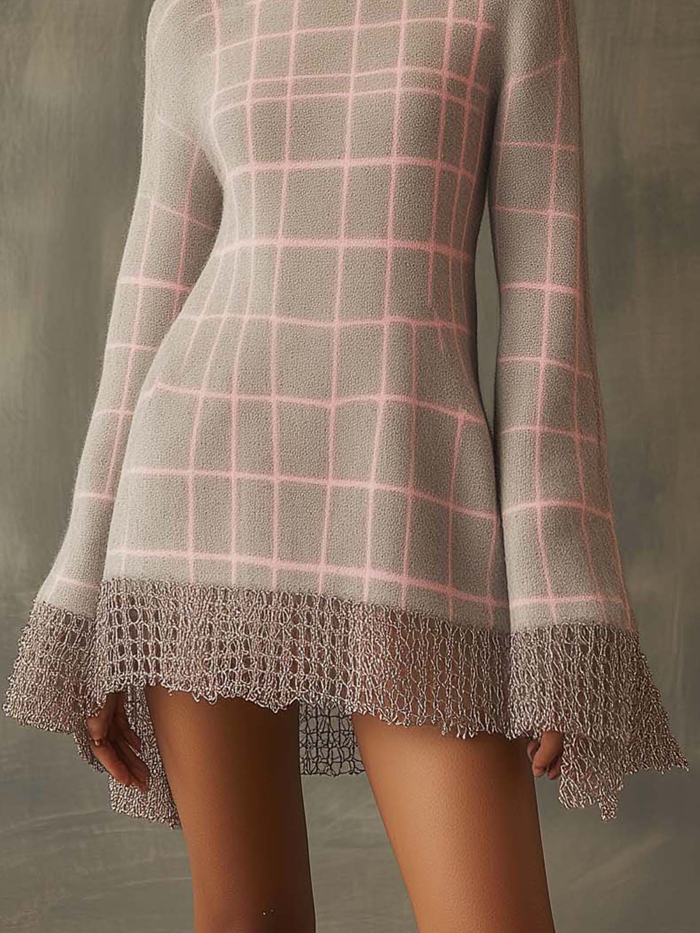 Gray Knitted Mini Dress With Pink Lines And Mesh Stitching