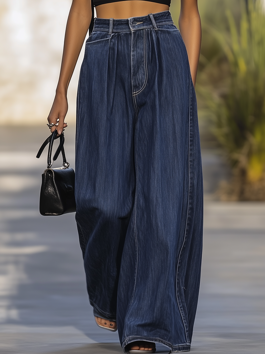 Casual Holiday Style Denim Wide Leg Pants