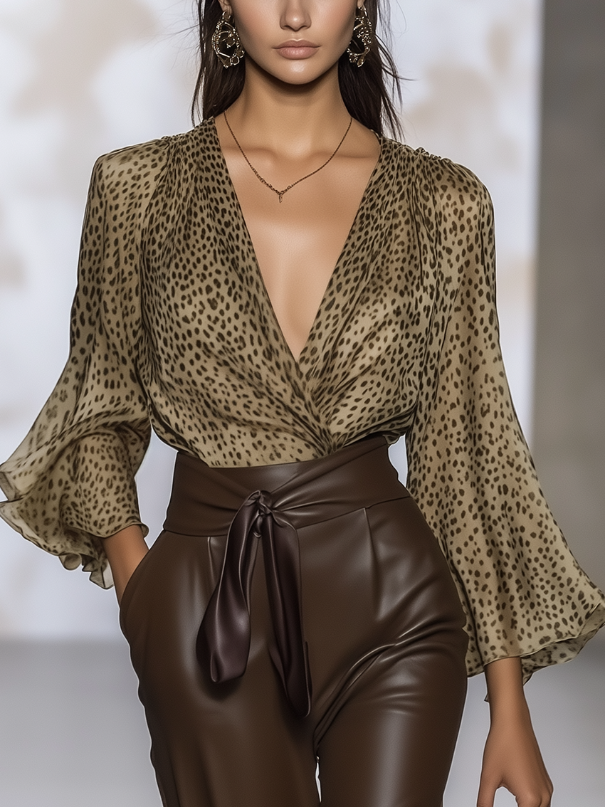 Fashion Brown Chiffon Shirt With Leopard Print