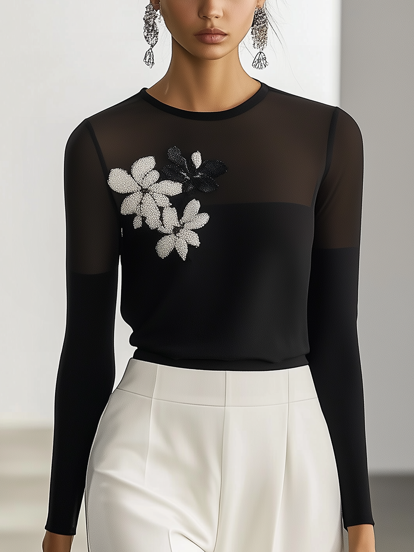 Black T-shirt With Black Gauze And Flower Embroidery At The Neckline