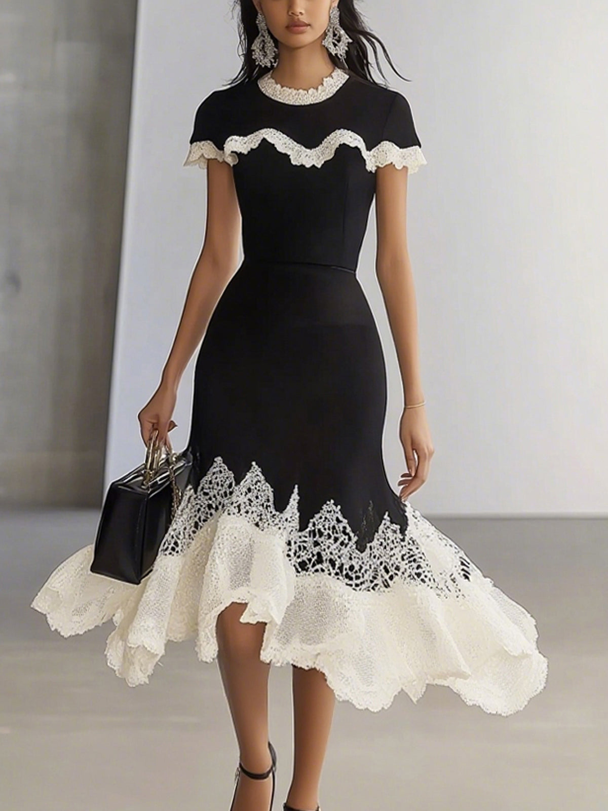 Black LaceTrimmed Contrast Ruffle Crew Neck Short Sleeve Midi Dress