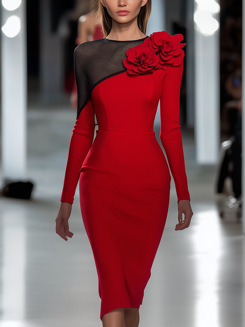 Neckline Stitching Black Mesh Red Midi Bodycon Dress With 3D Flower Decoration