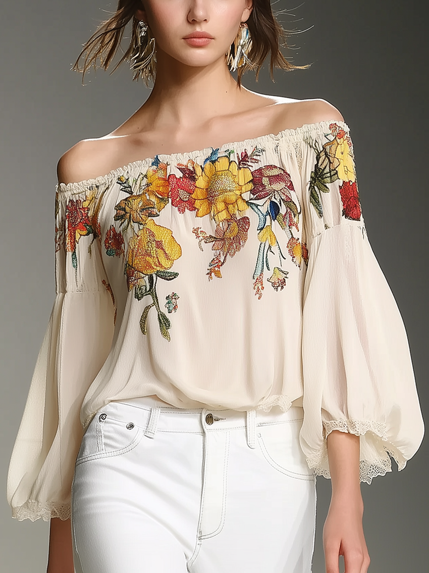 Off Shoulder With Flower Print Beige Chiffon Shirt