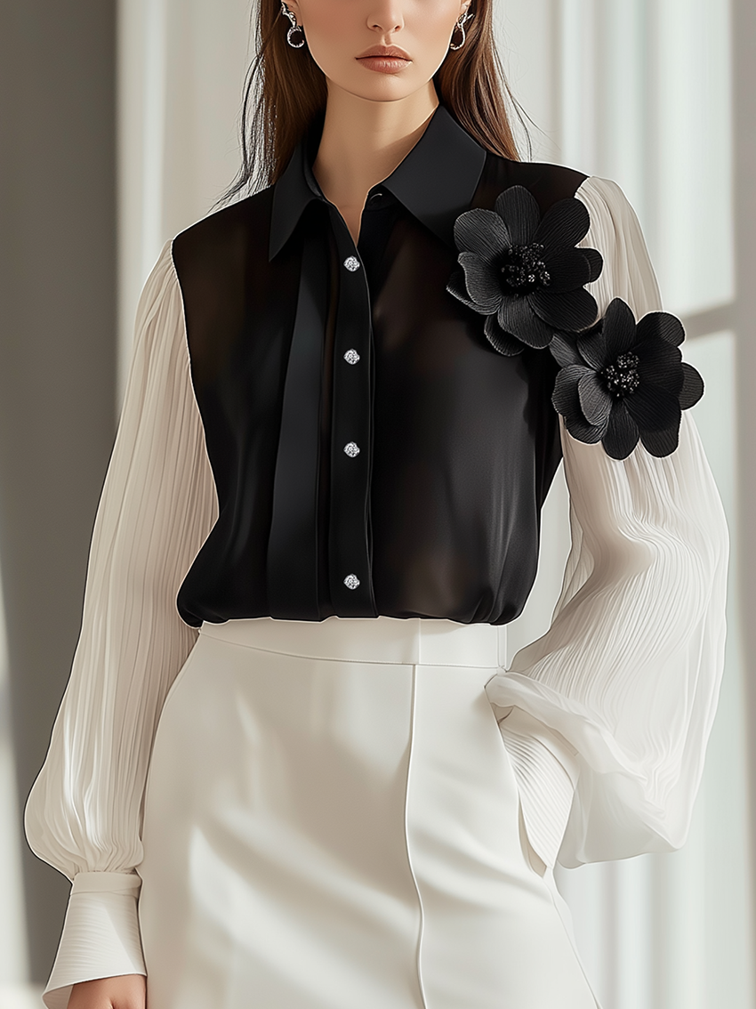 Black And White Stitching Chiffon Blouse With 3D Flowers On Sleeve