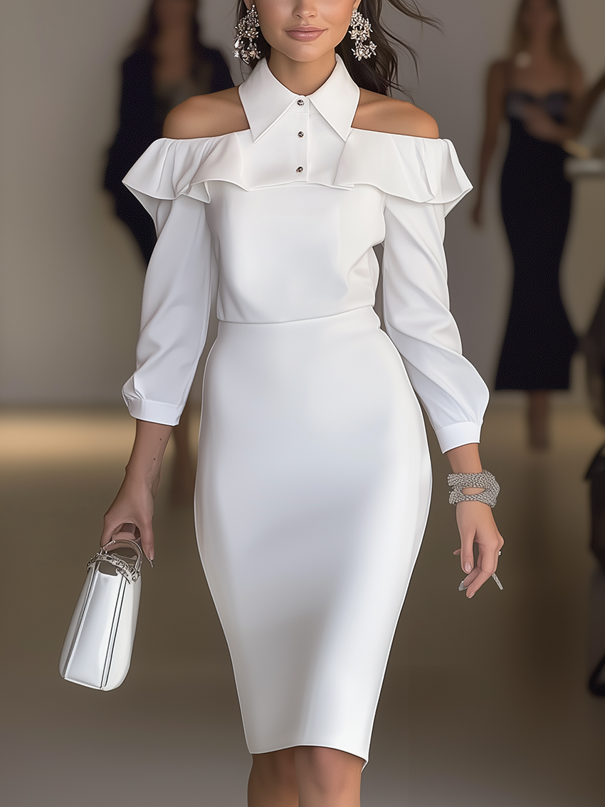 Off-The-Shoulder White Midi Bodycon Shirt Dress