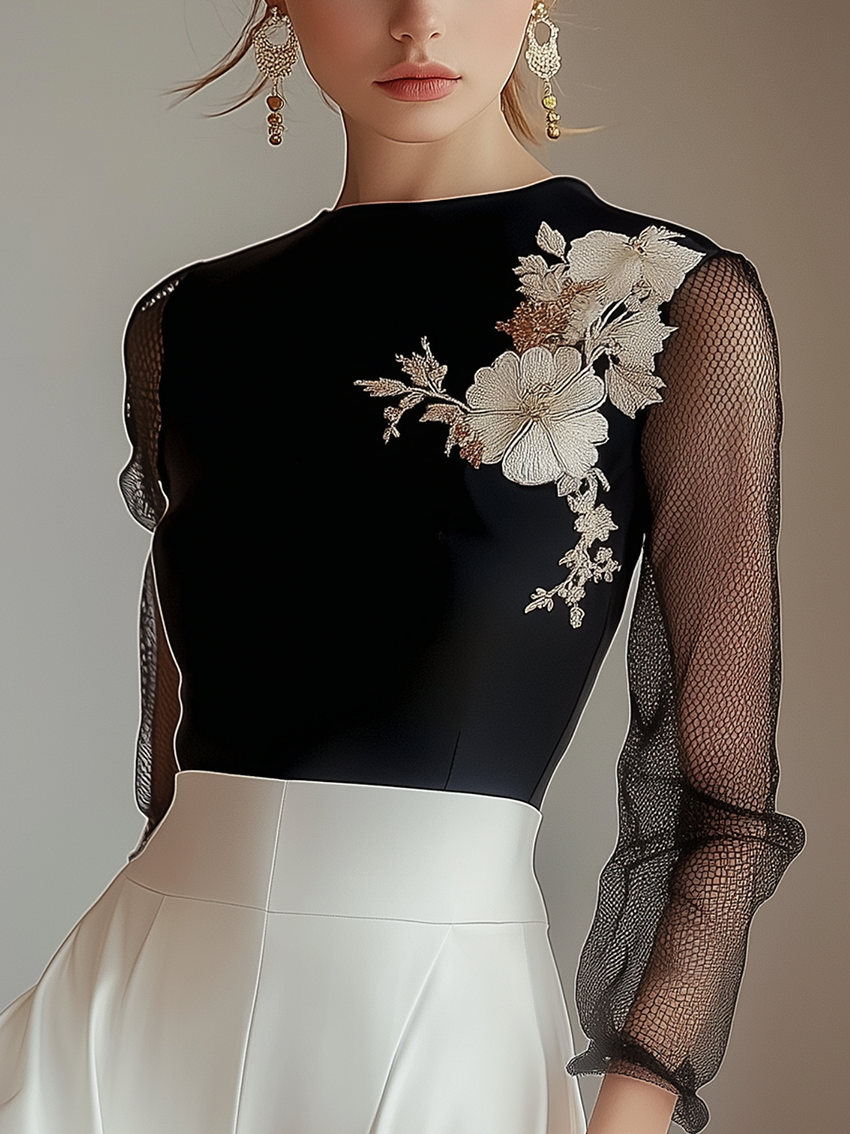 Black Shirt With Flower Embroidery With Gauze Sleeves