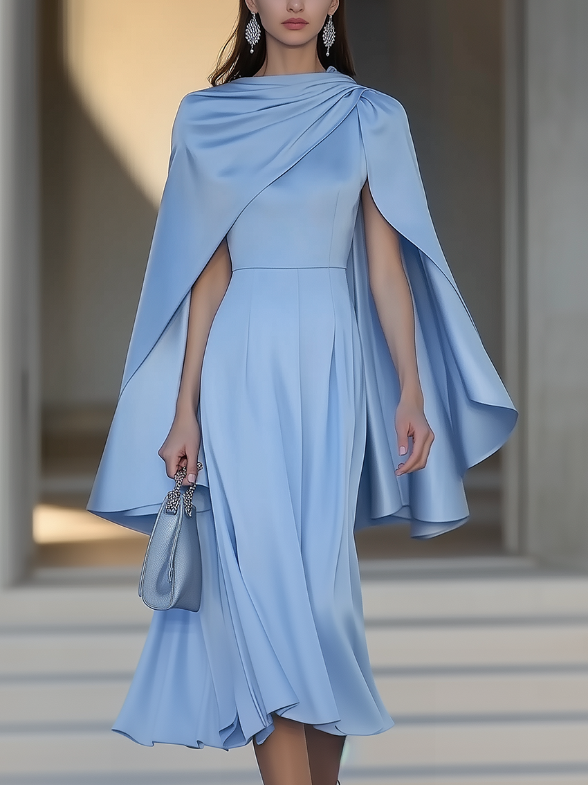 Light Blue Satin Midi Dress With Cape Design