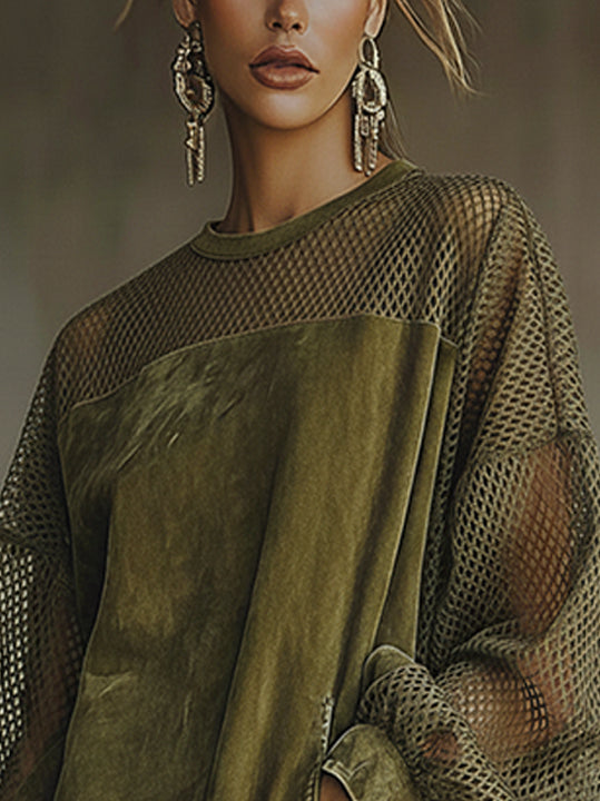 Olive Faux  Suede Mini Dress With Mesh Sleeves And Fringe Hem