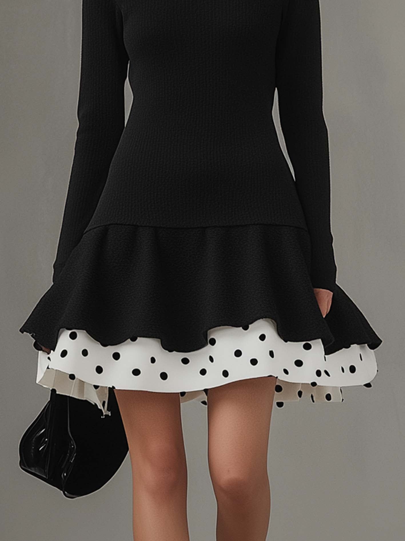 Black Mini Sweater Dress With Polka Dot Ruffles