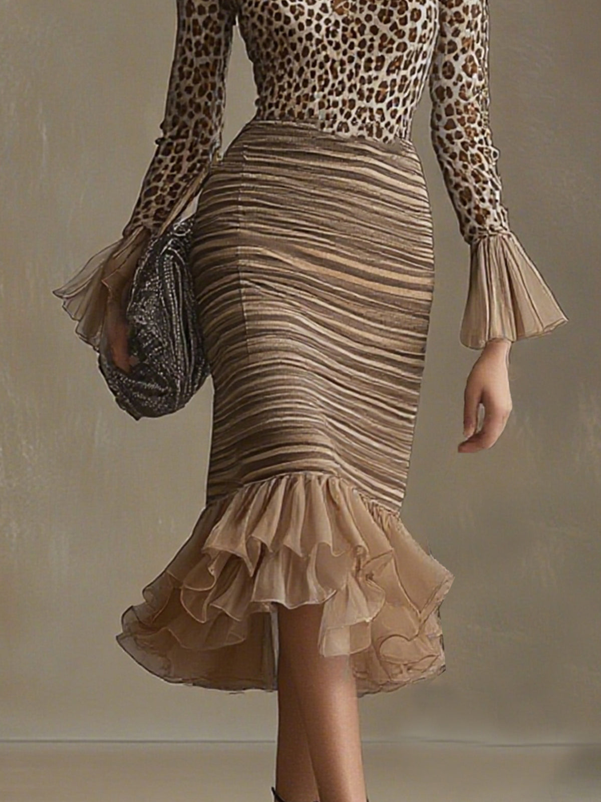 Leopard Print Dress With Striped Mermaid Skirt And Ruffled Details