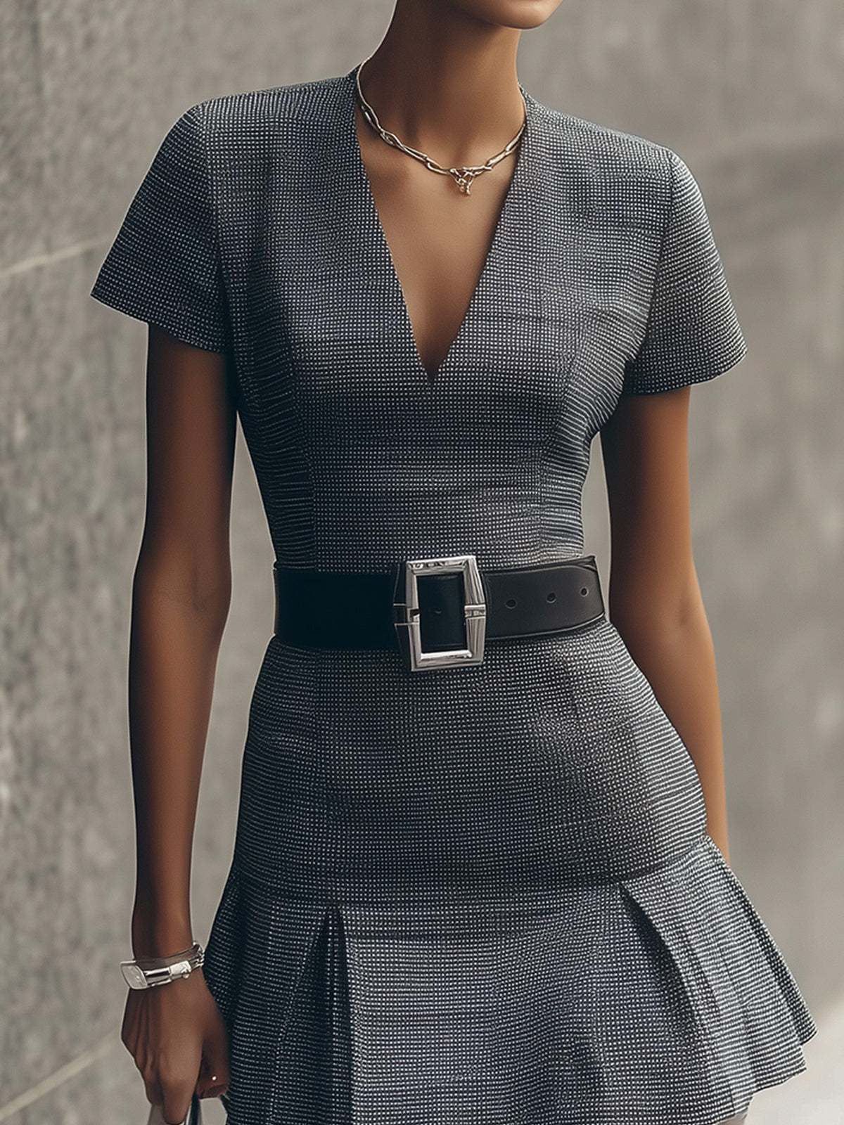 Charcoal Checkered V-Neck Belted Mini Dress