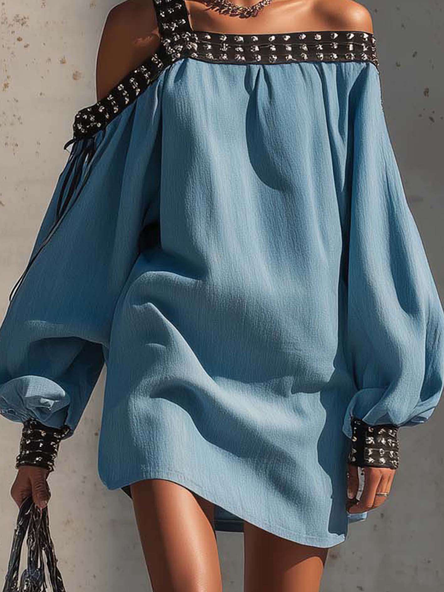 Blue Studded Strap Off Shoulder Loose Mini Dress