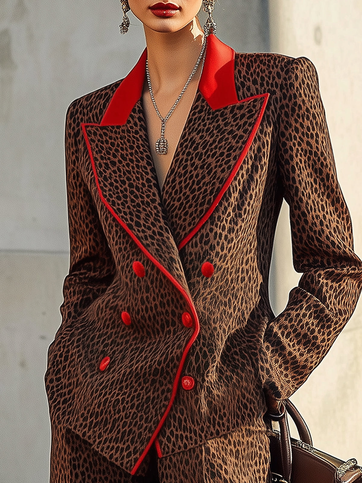 Brown Leopard Print Double Breasted Blazer With Red Contrast Trim