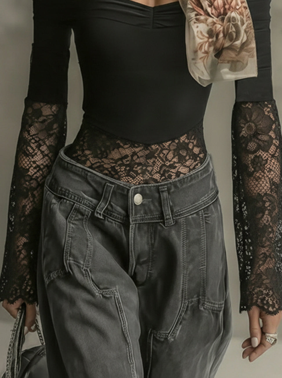 Black Off-Shoulder Lace Flare-Sleeve Shirt