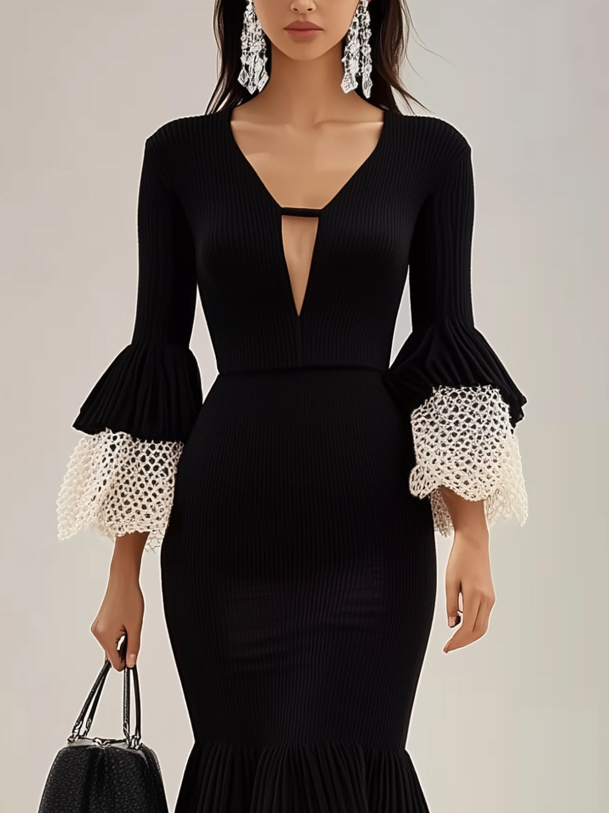 Black Ribbed Dress With White Cuffs And Hem