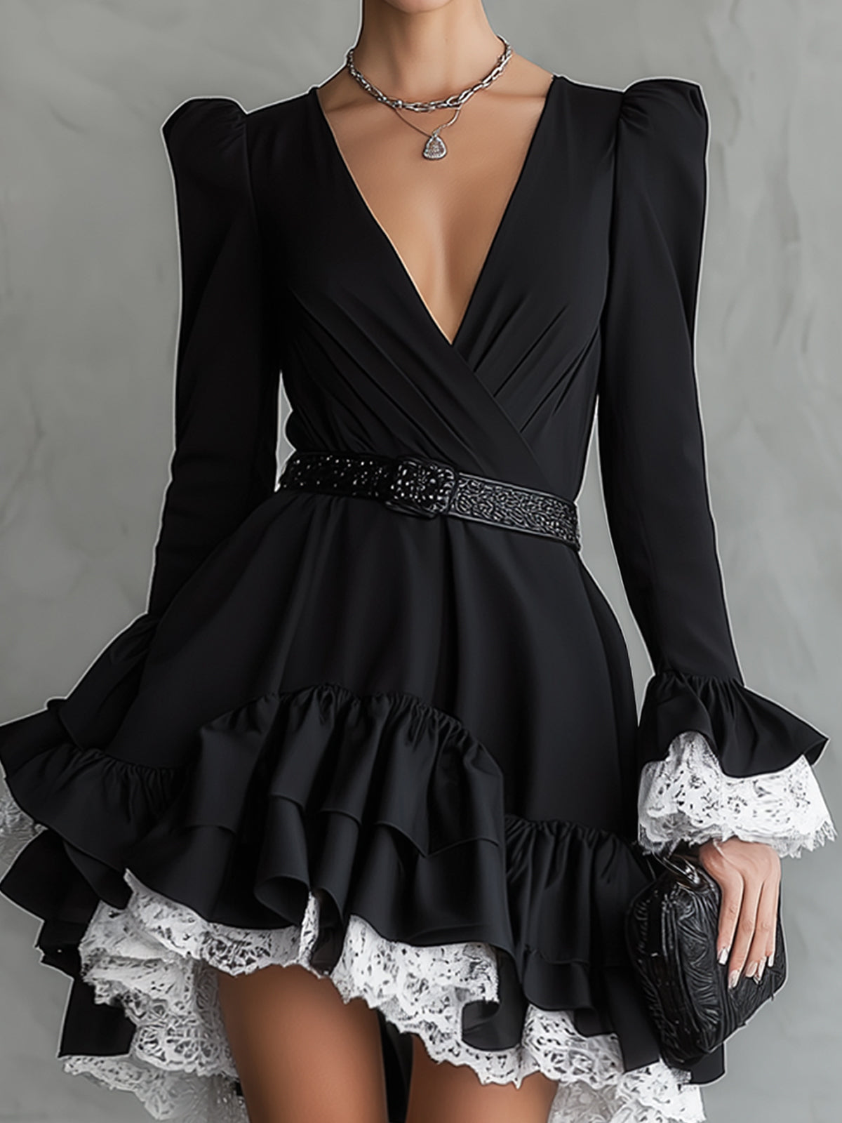 Black Ruffle Lace-Trim V-Neck Mini Dress With Belt