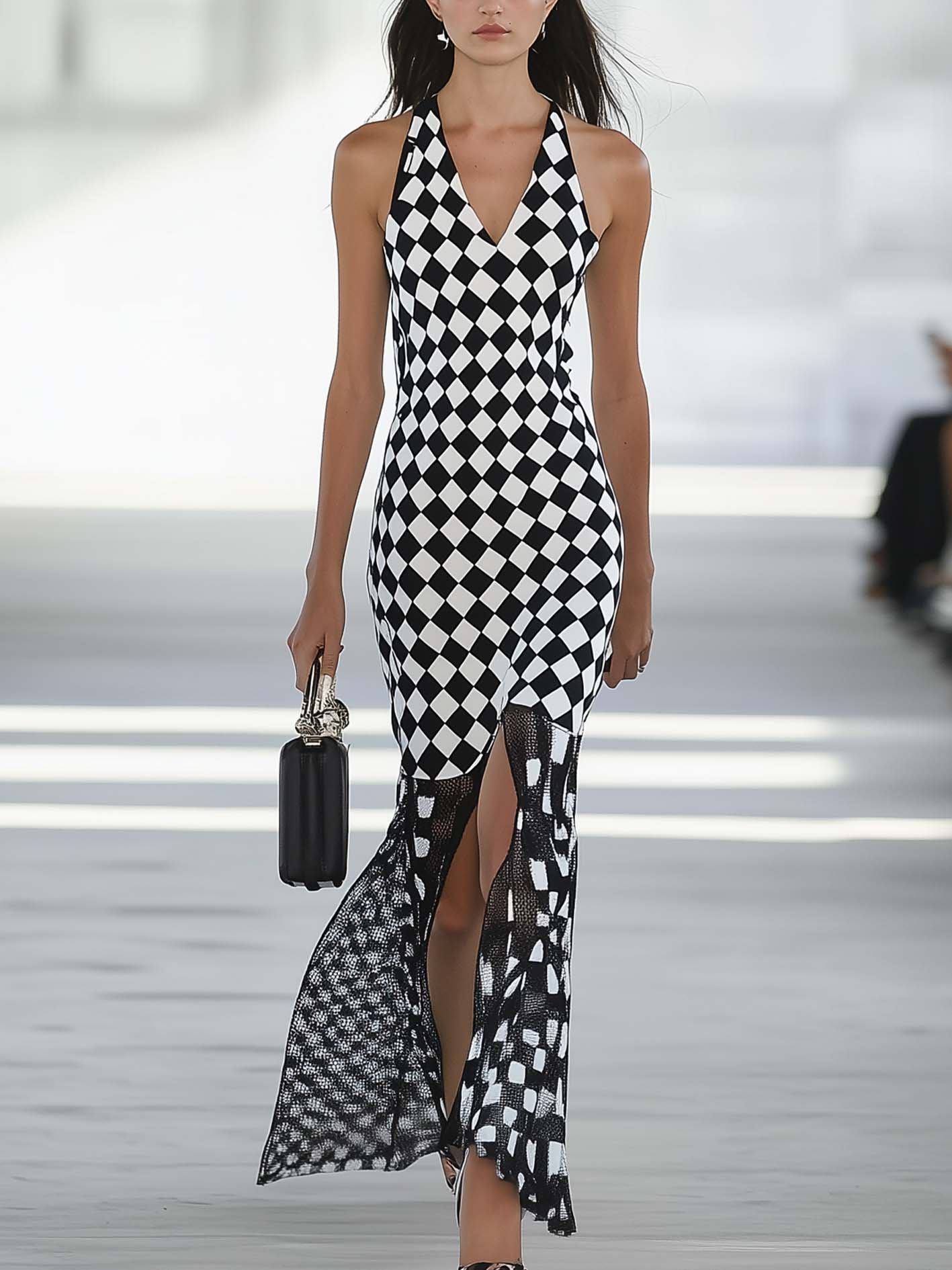 Black Maxi Dress With Check Print And Mesh Stitching