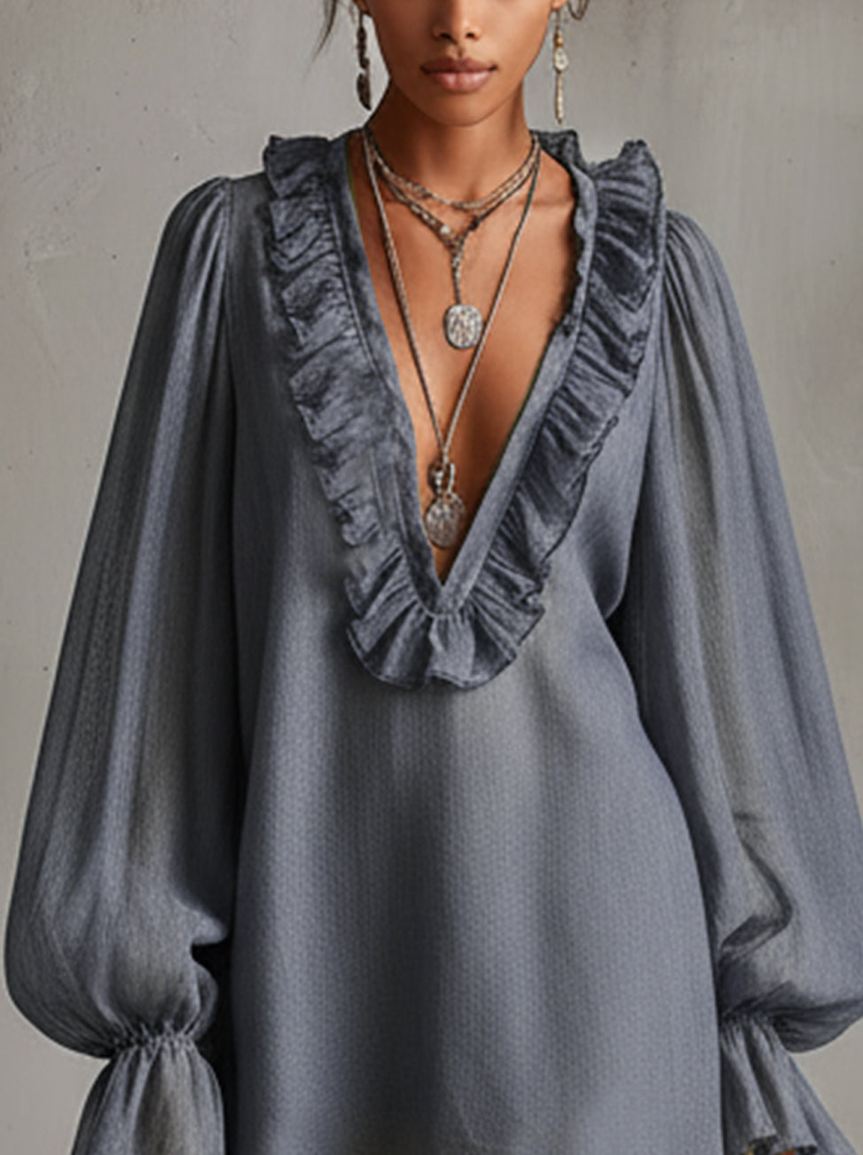 Gray Ruffled V-Neck Long Sleeve Linen Mini Dress
