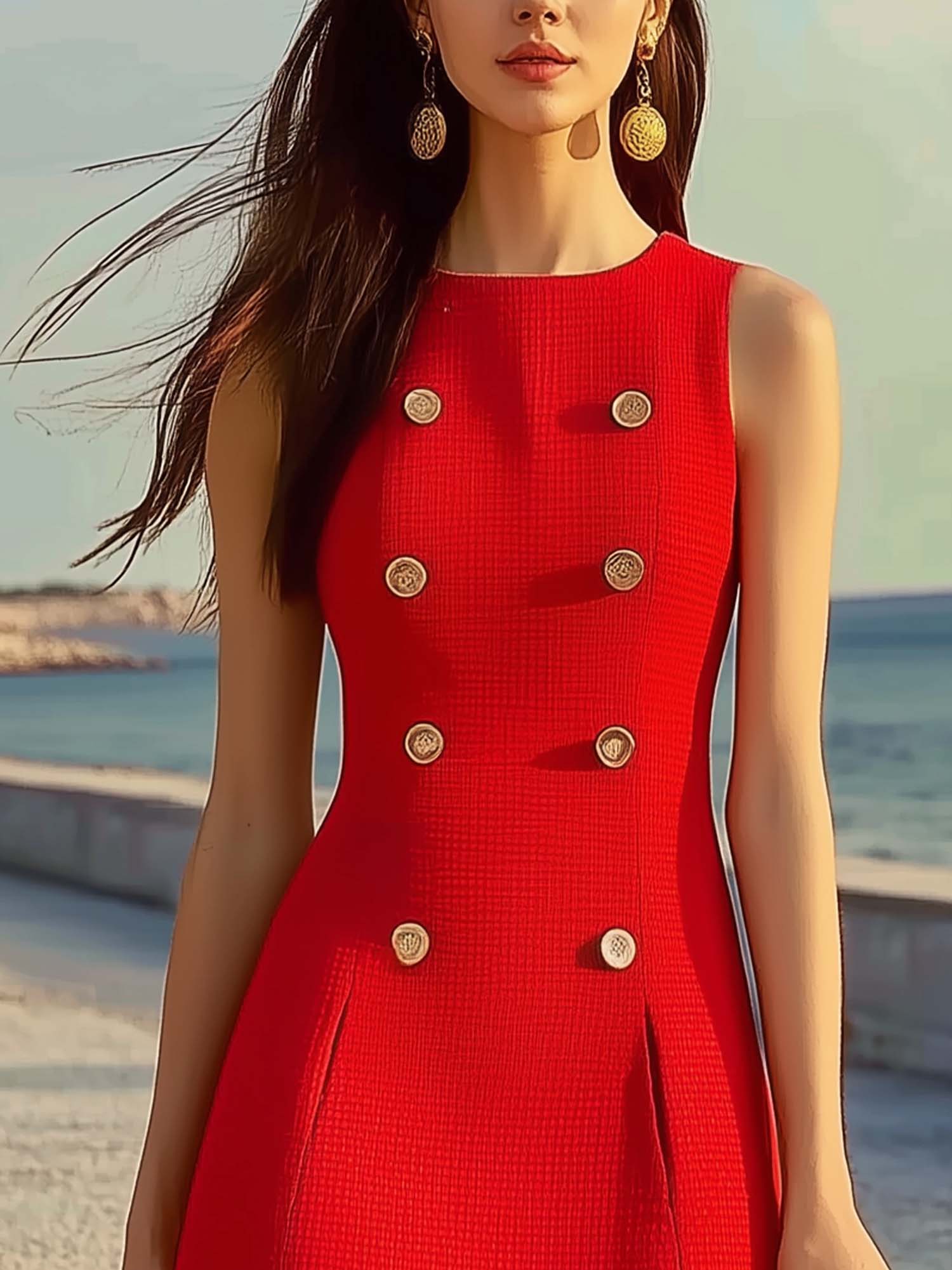 Red Textured Fabric Mini Dress With Double-Breasted Buttons