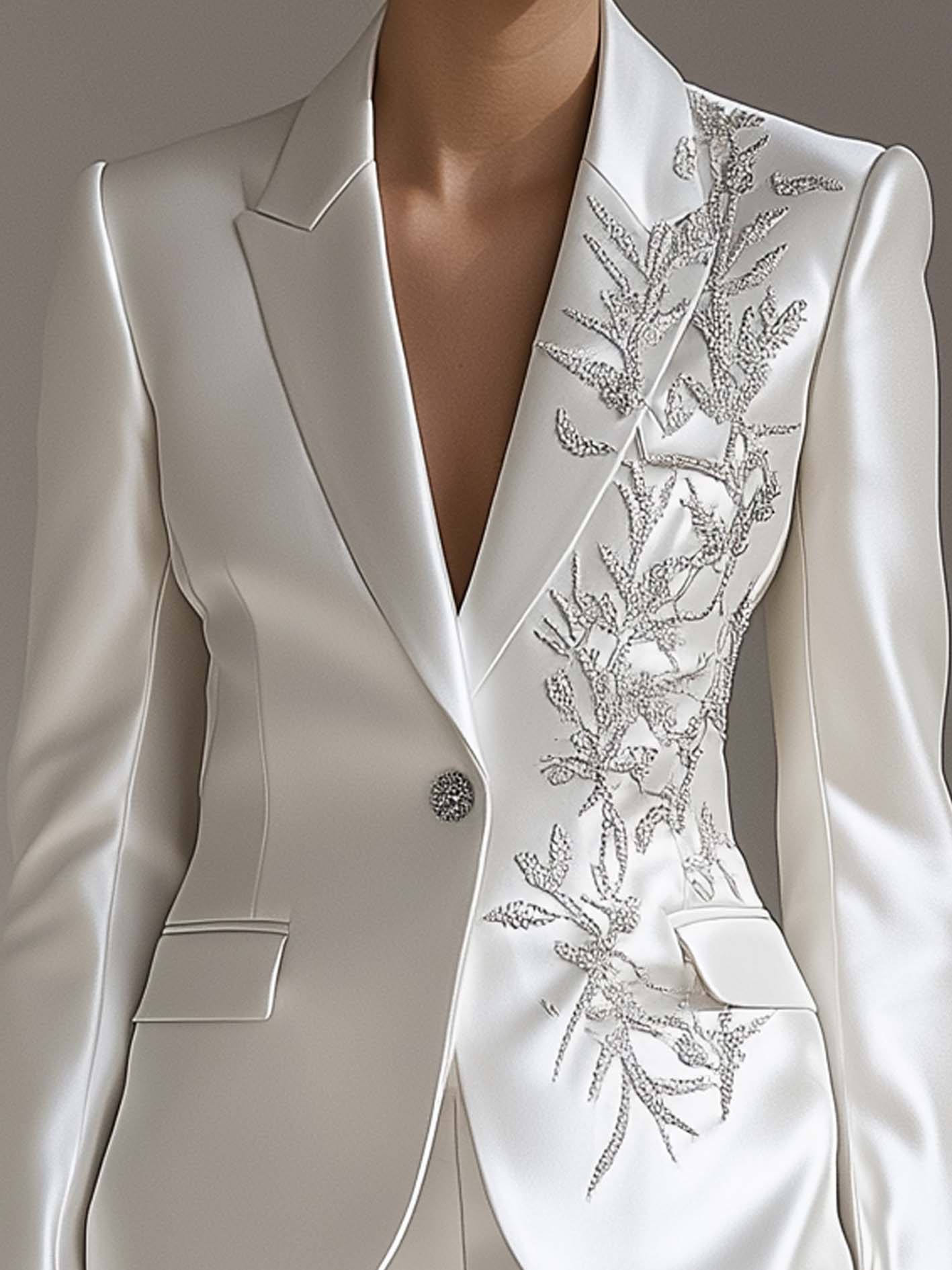 White Satin Blazer With Elegant Botanical Embroidery