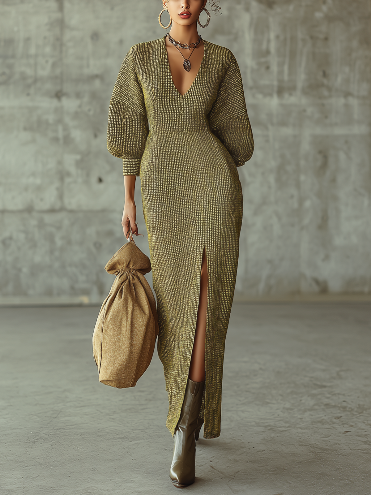 Olive Green Corduroy Deep V-neck Puff-sleeved Maxi Dress With A Slit
