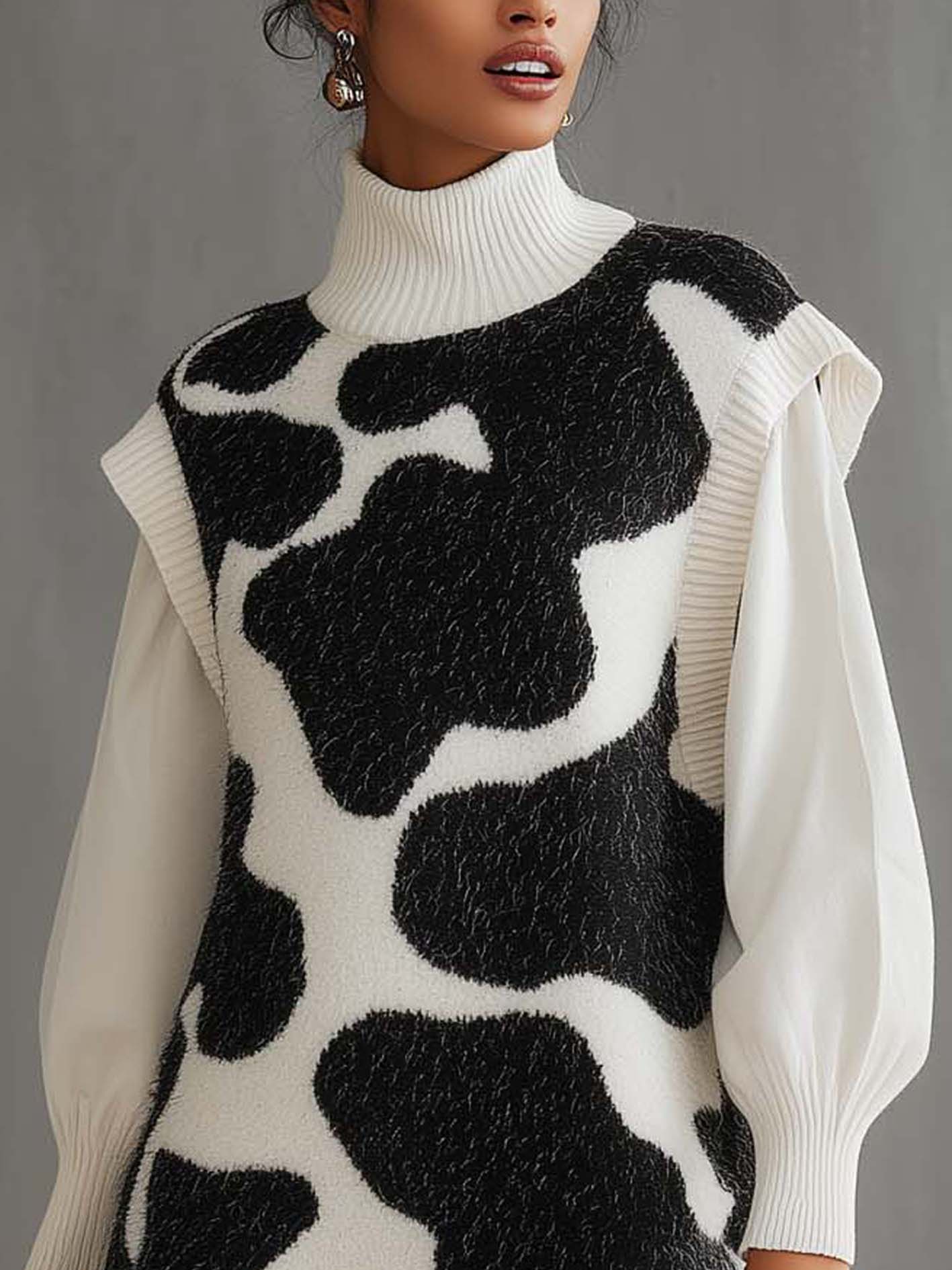 Fashion Patchwork Cow-print White Knitted Mini Dress