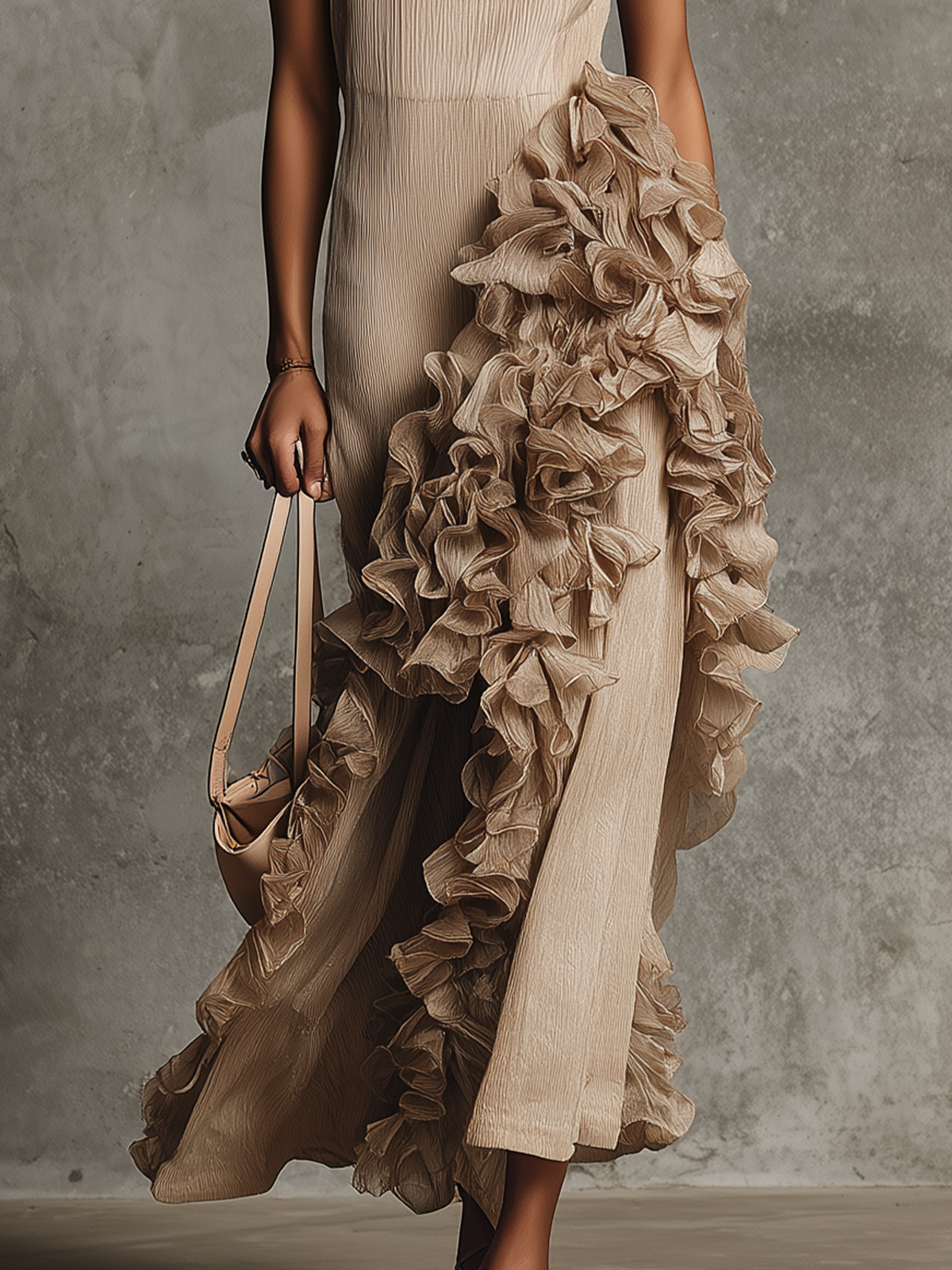 Champagne Pleated High-Neck Ruffled Asymmetrical Maxi Dress