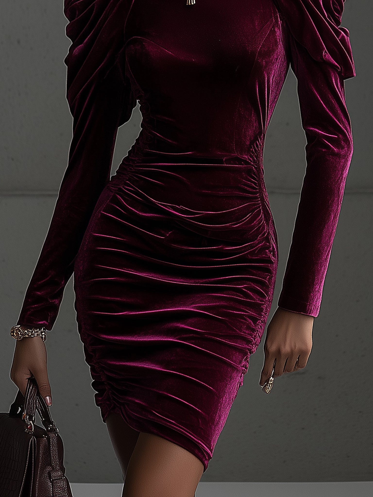 Burgundy Velvet Puff Shoulder Long Sleeve Bodycon Dress