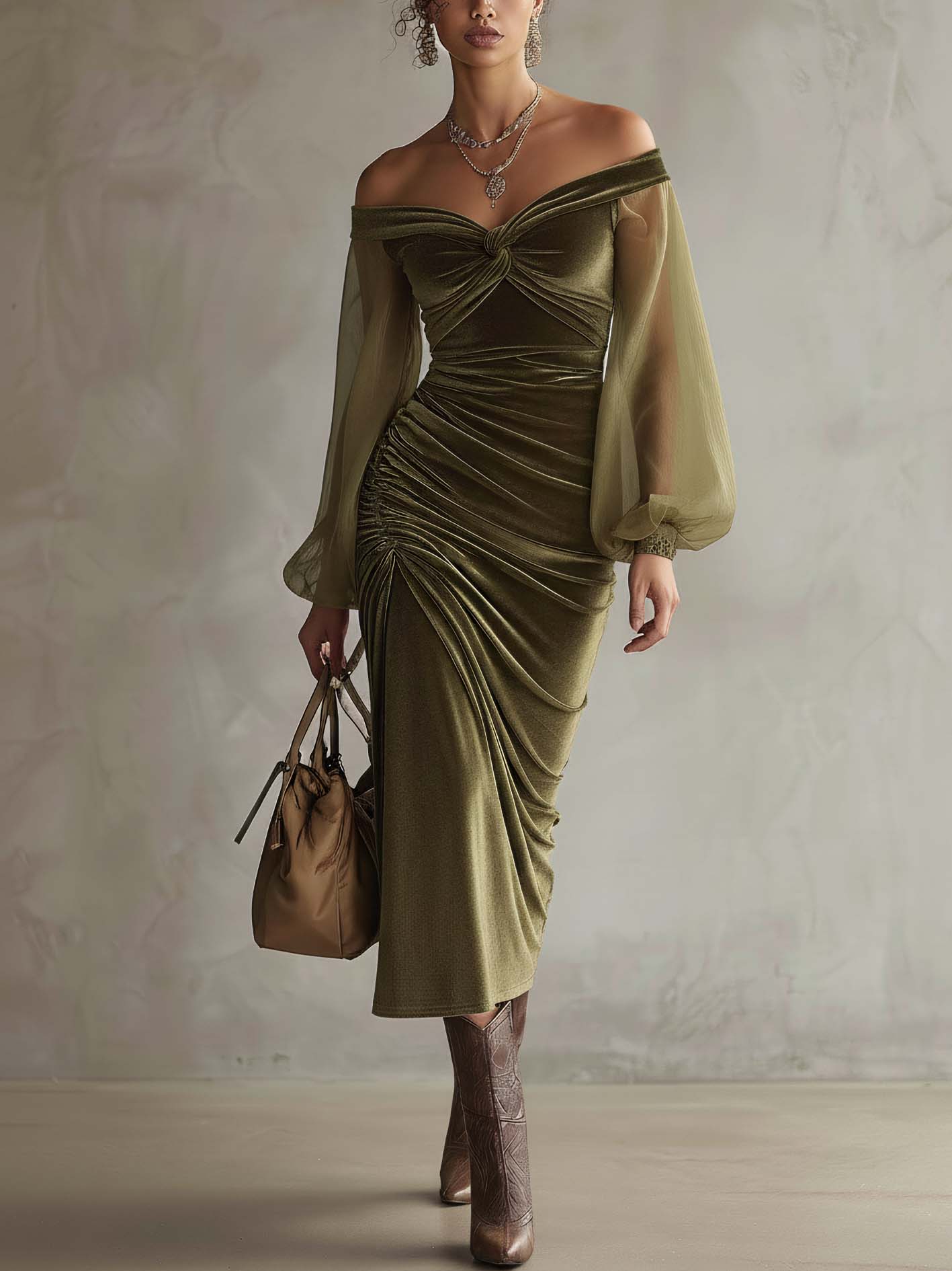 Olive Green Velvet Off Shoulder Bodycon Dress With Twist Ruched Detail