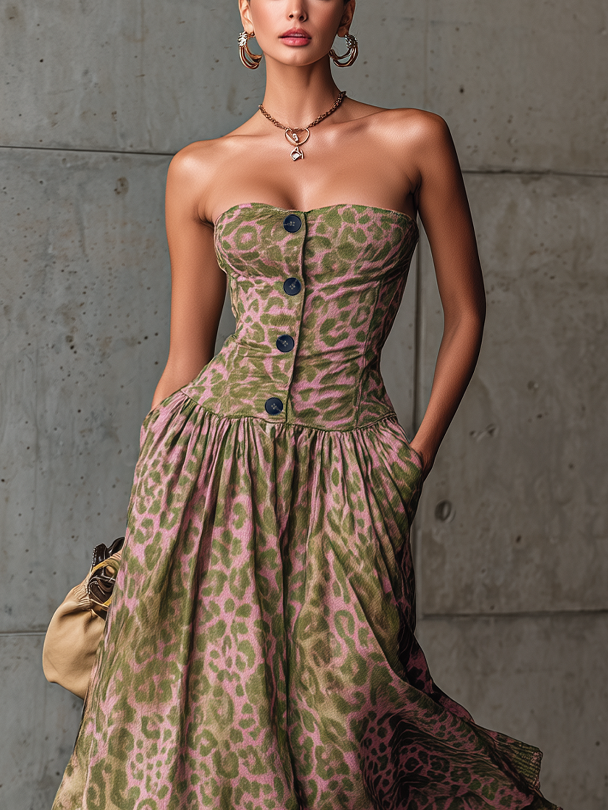 Strapless Button-Front Maxi Dress With Fitted Bodice And Animal Print