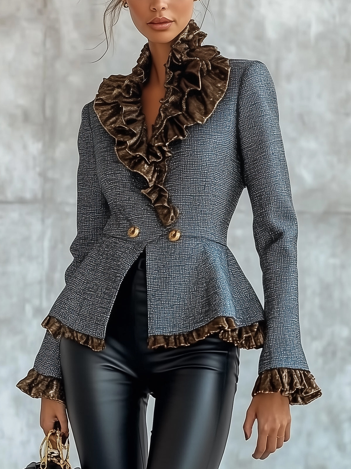 Blue Elegant Ruffled Tweed Jacket