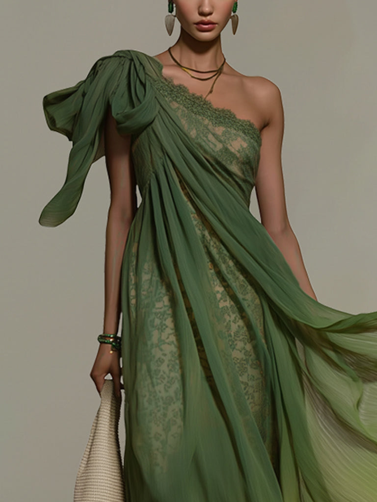 Emerald Gradient One Shoulder Chiffon Maxi Dress