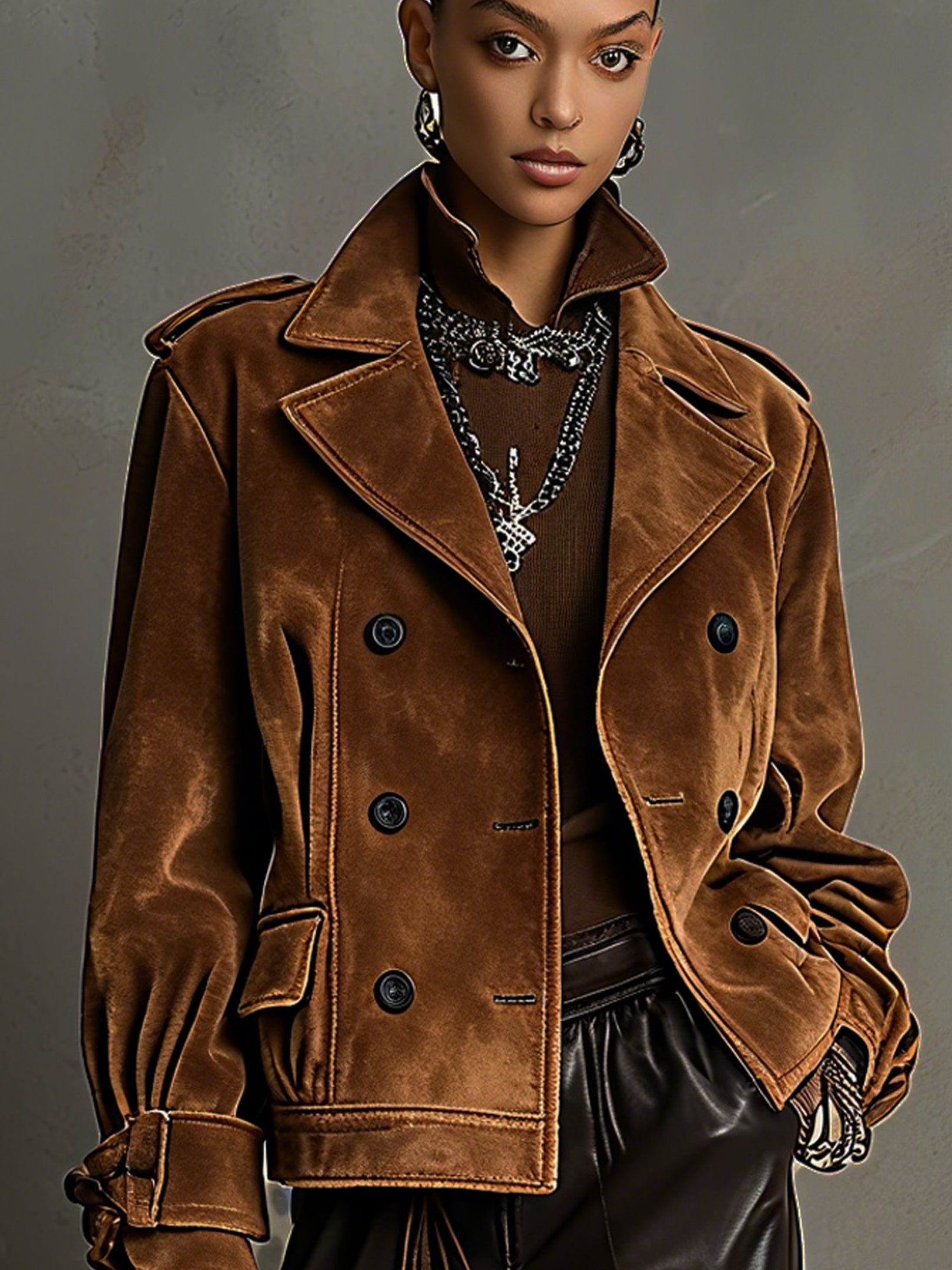 Brown Velvet Double Breasted Long Sleeve Jacket