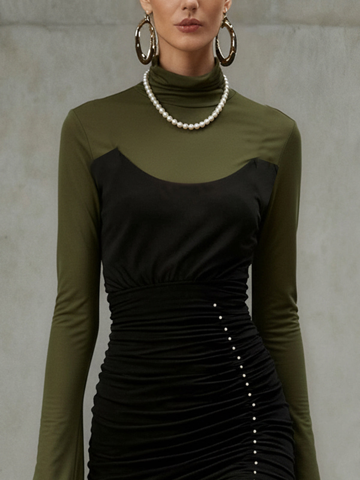 Olive And Black Ruched Mini Dress With Fringe Hem