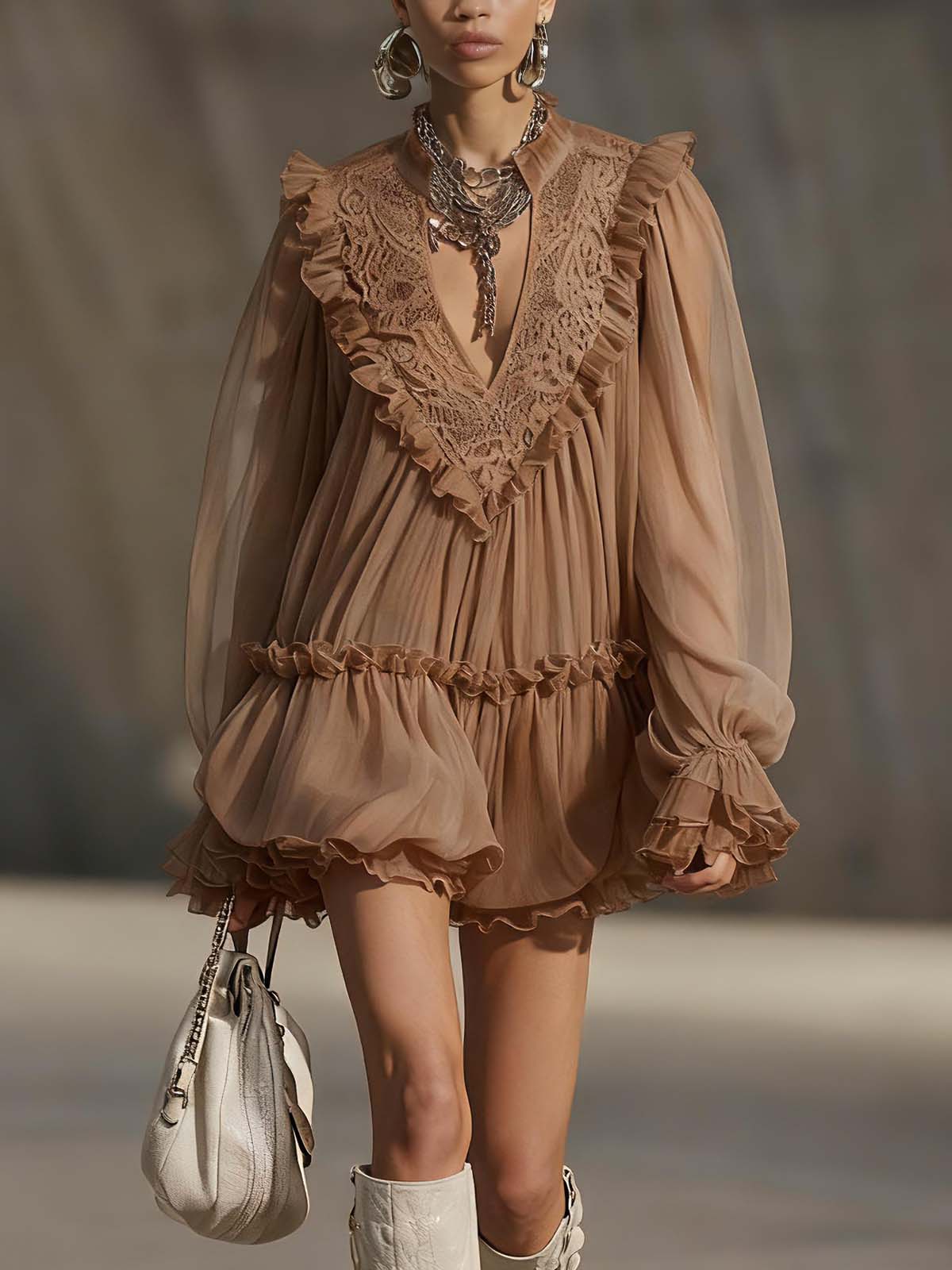 Brown Chiffon Patchwork Lace V-neck Ruffled Mini Dress