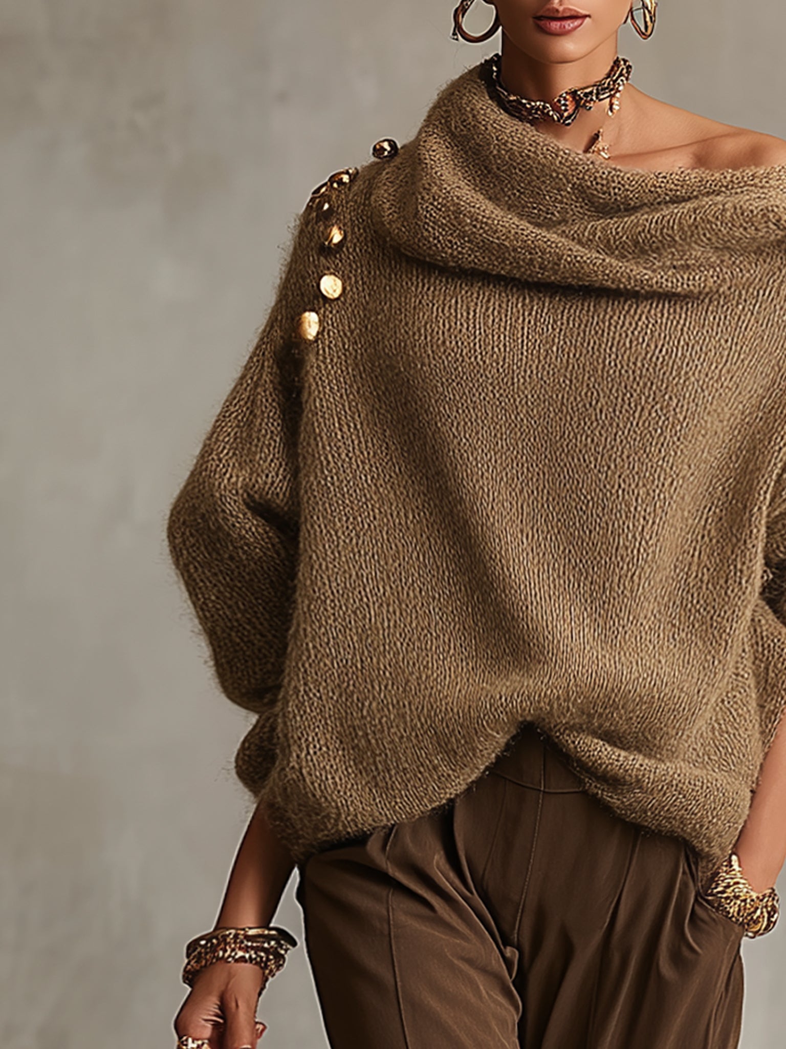 Coffee Mohair Loose Knit Sweater With Metal Button Accents