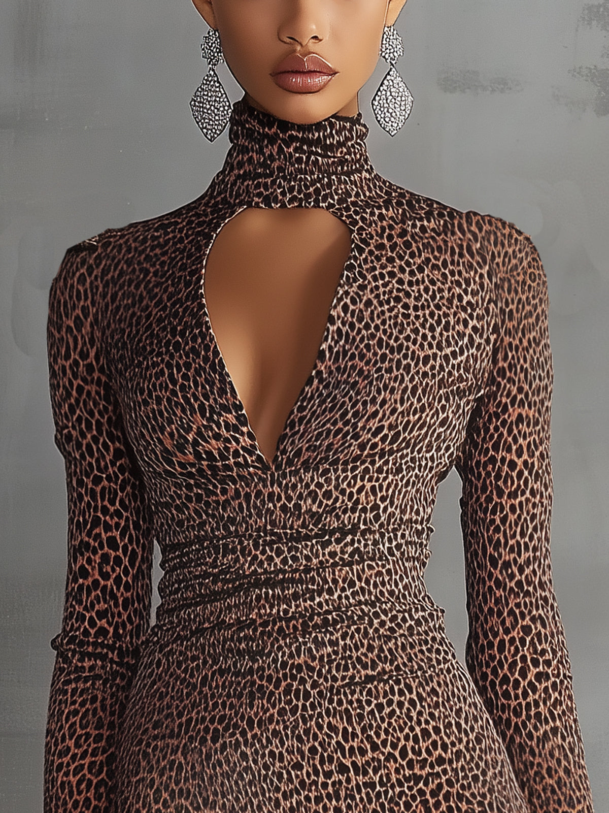 Brown Leopard Print Ruched Cutout Mock Neck Long Sleeve Mini Dress