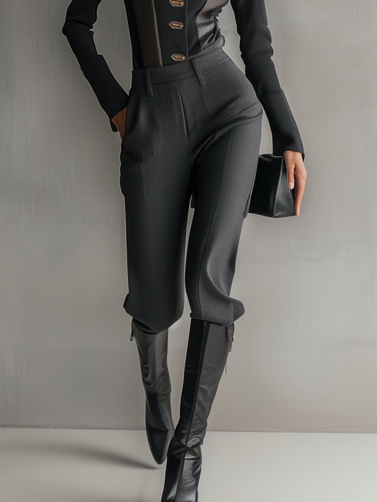 Black High-Collar Golden Button Two-Piece Set