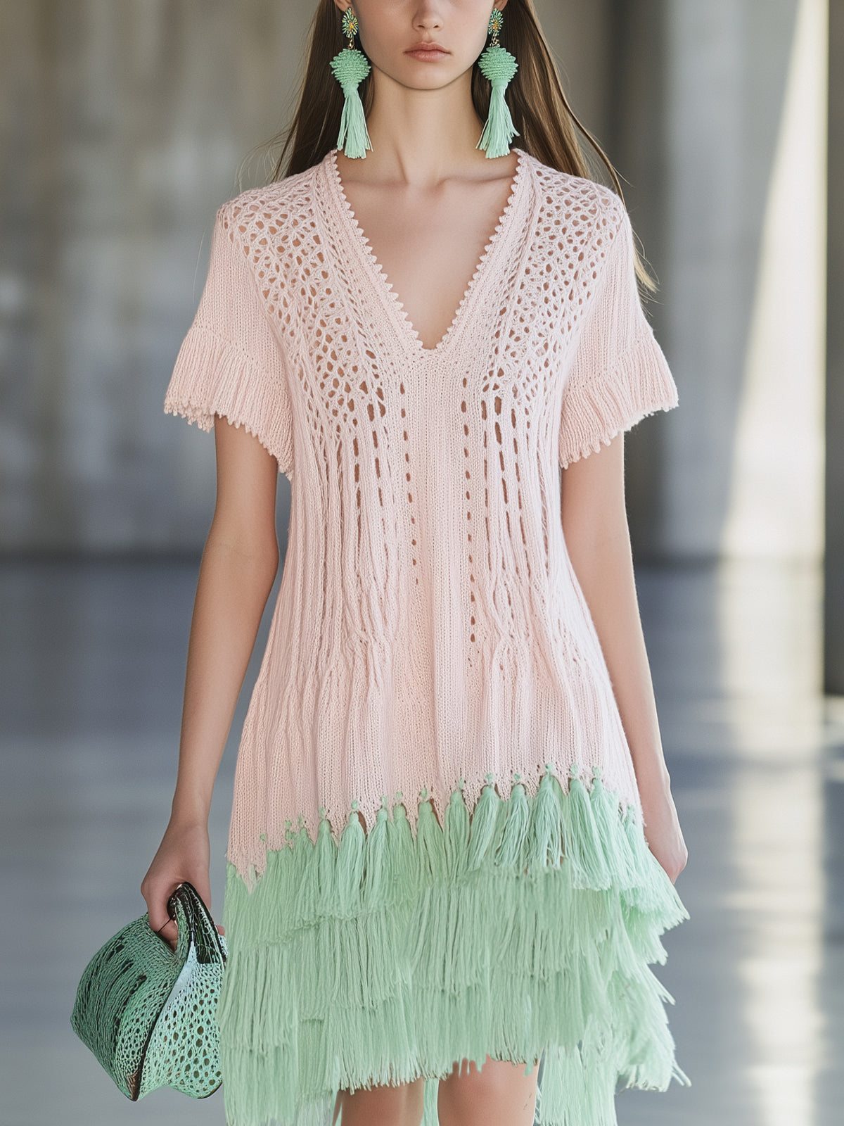 Pink Crochet Knit Tassel Hem V-Neck Short Sleeve Midi Dress