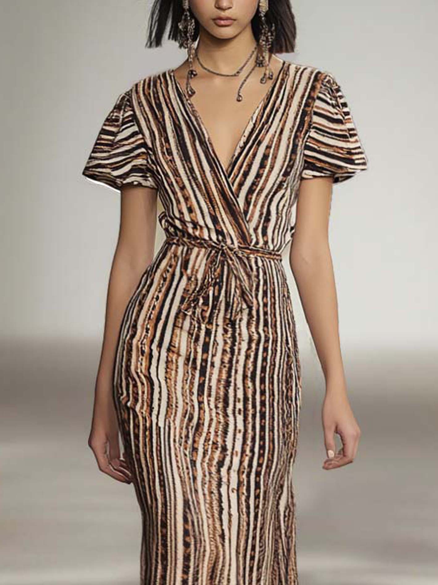 Brown Maxi Dress With Vertical Mixed Stripes And Belt