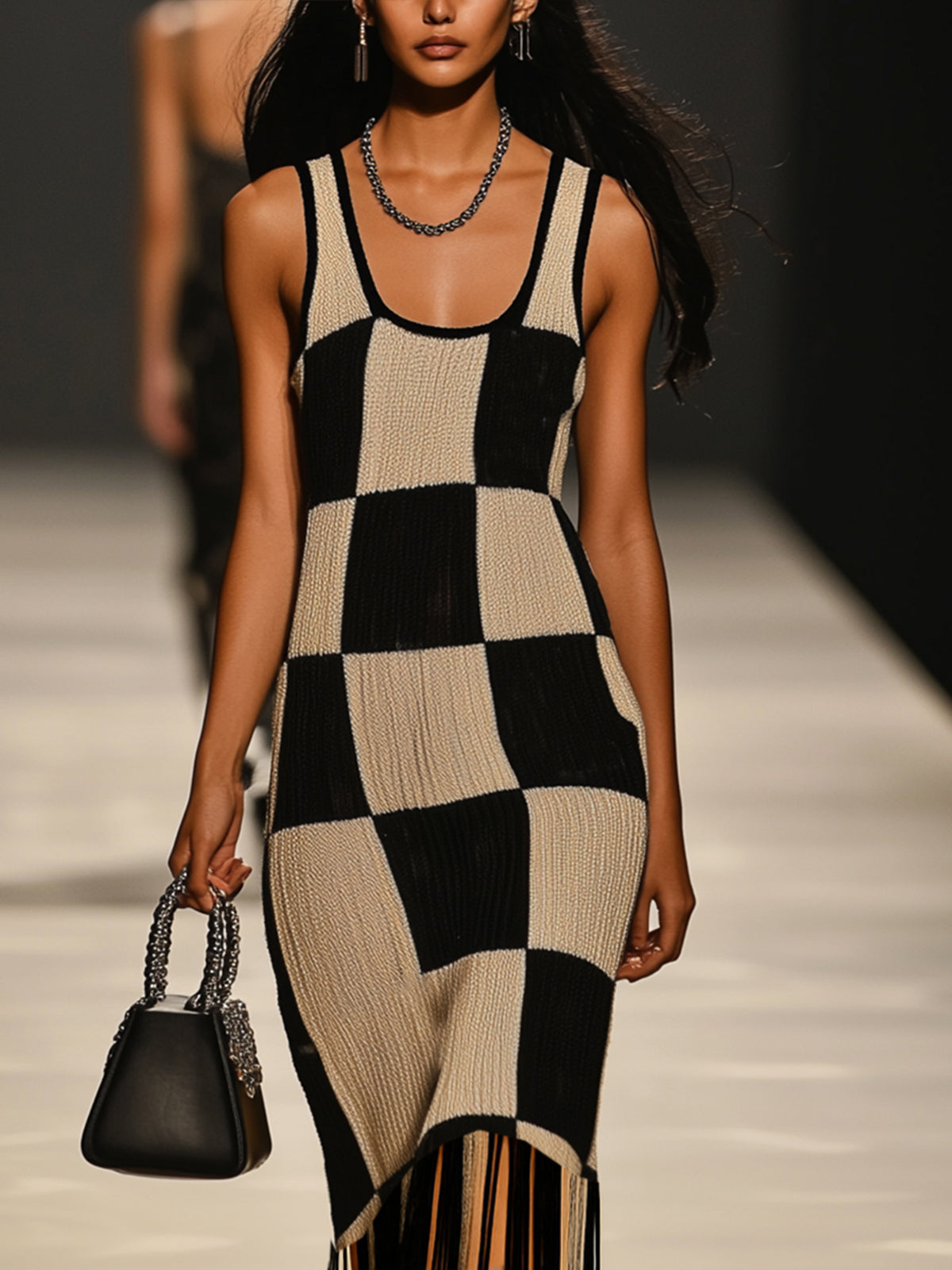 Black And Beige Checkered Knit Midi Dress With Fringe Hem