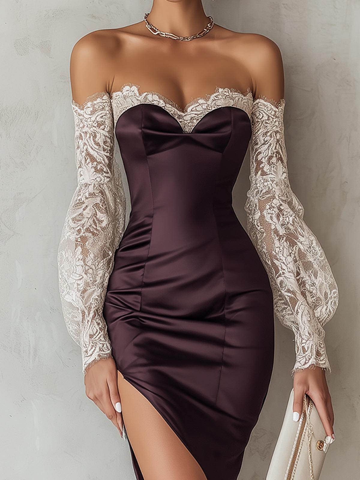 Burgundy Satin Off Shoulder Lace Sleeve Midi Dress