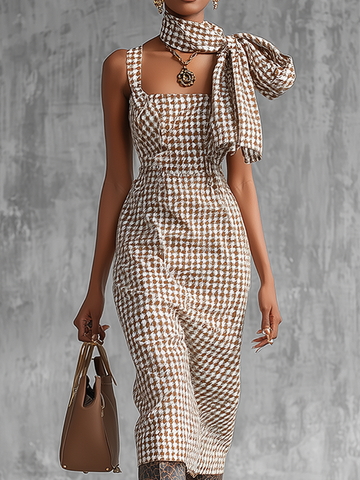 Mocha Houndstooth Tweed Sleeveless Midi Dress