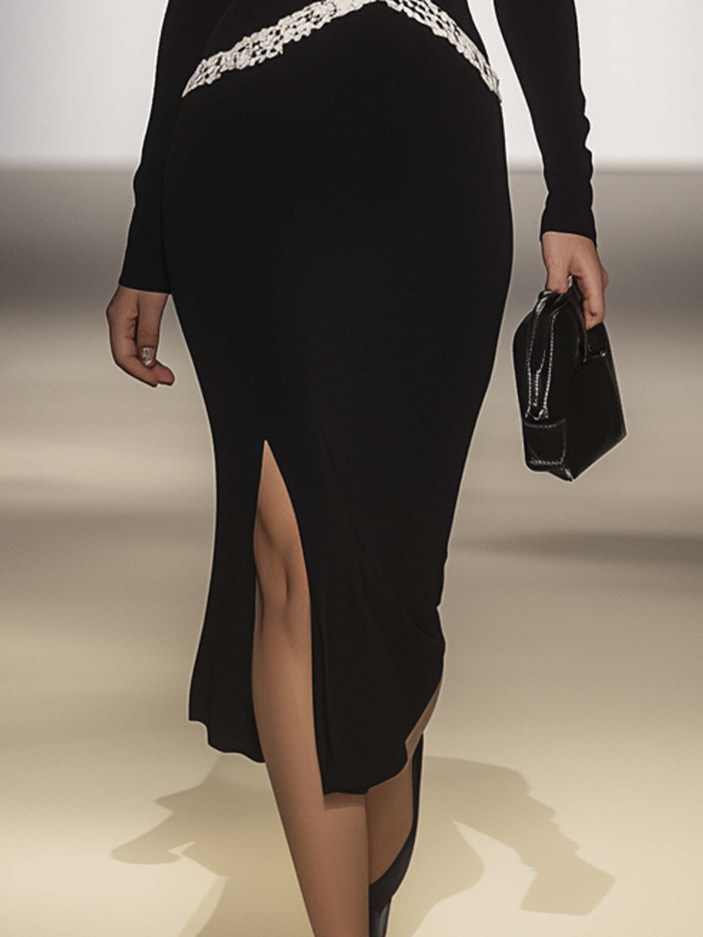 Black Midi Bodycon Dress With White Lace Belt Decoration